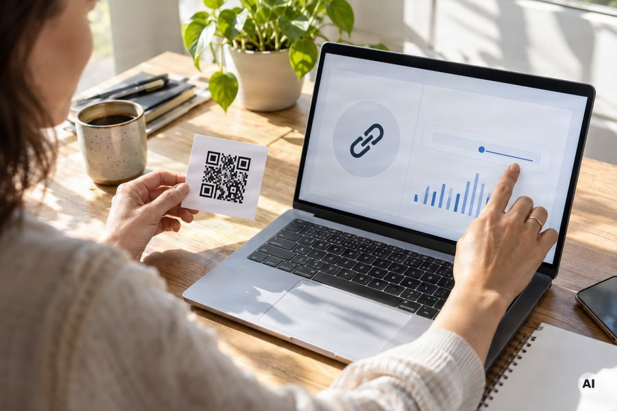 A marketer testing a printed QR code with a phone beside a campaign dashboard - AI-generated image