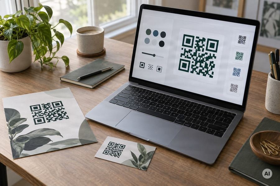 A designer checking QR code size, contrast, and export options before printing - AI-generated image