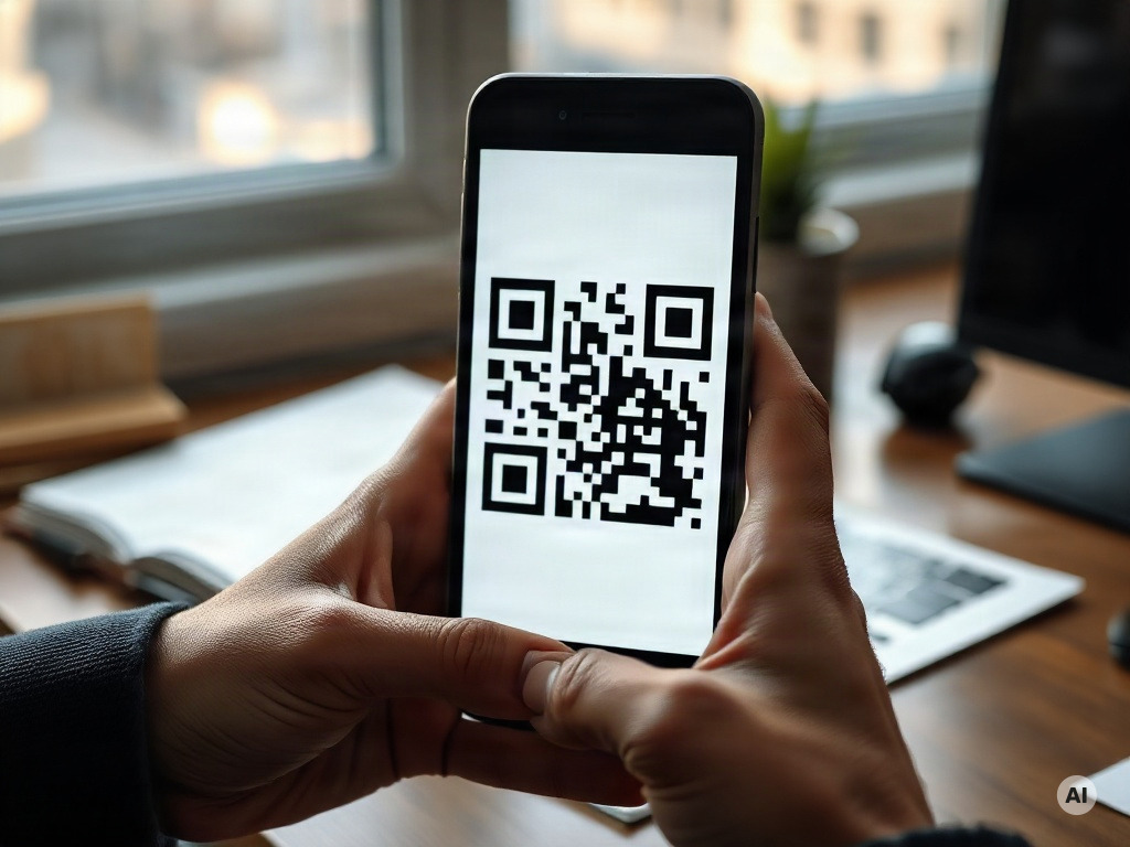 A phone being used to inspect a QR image — AI-generated illustration, not a working QR sample