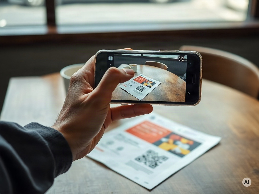A person's hand holding a smartphone above a printed flyer on a wooden café table - AI-generated image