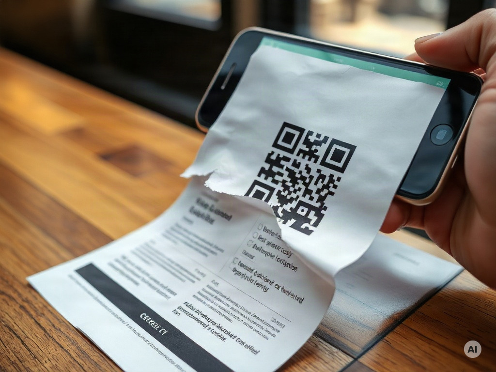 Close-up of a printed flyer on a wooden café counter, its QR code partially torn and creased - AI-generated image