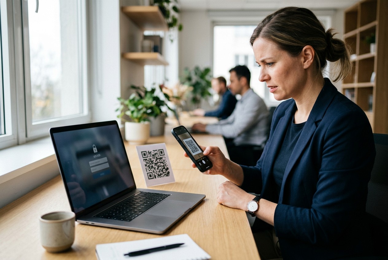 Smartphone scanning a printed QR code beside a laptop showing an inaccessible online form interface with a subtle locked stat