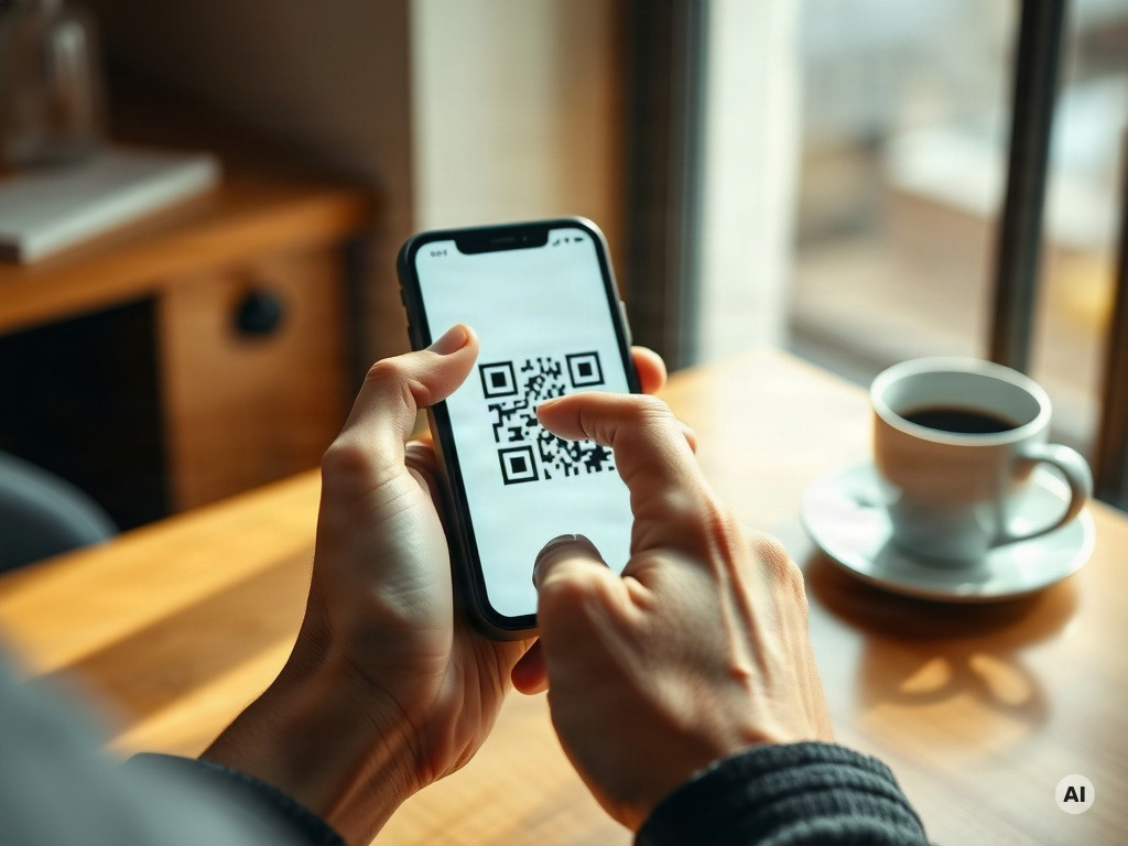 Close-up over-the-shoulder view of a person's hands holding an iPhone, thumb long-pressing a QR code visible in a screenshot - AI-generated image