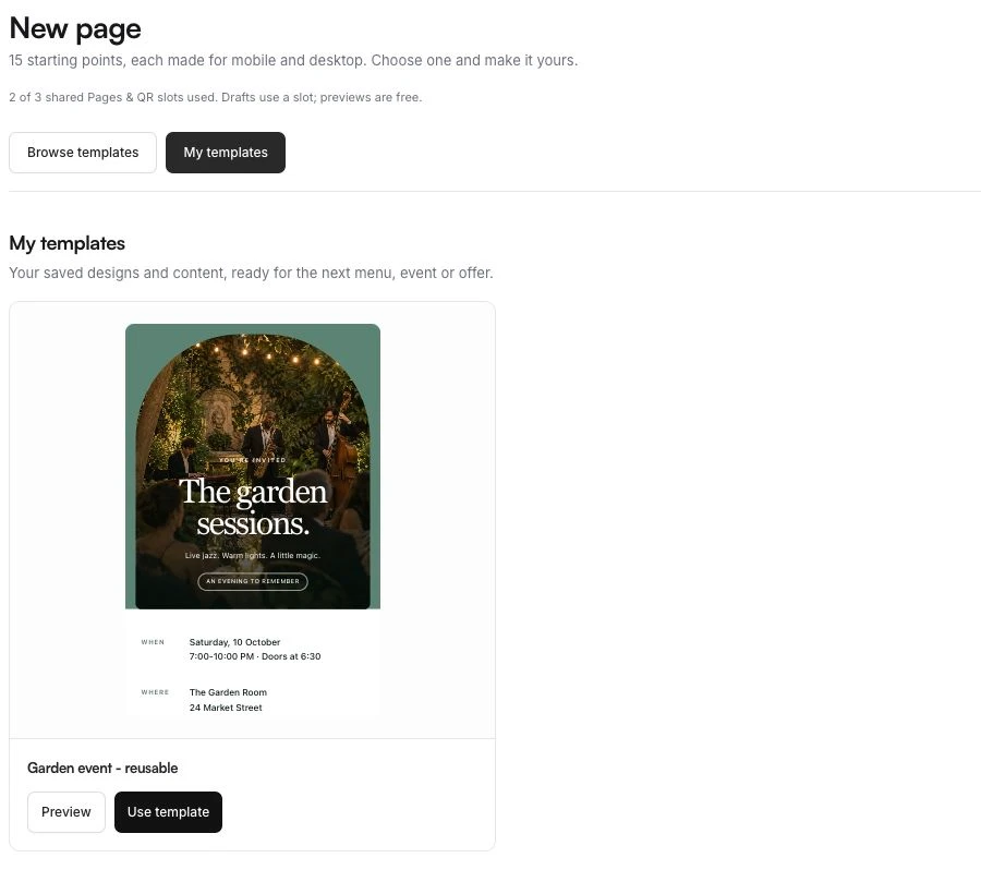 My templates in Scanely Pages with a saved Garden event design ready to preview and reuse