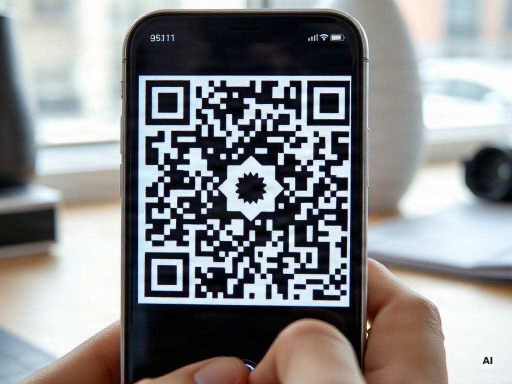 Close-up of a smartphone scanning an artistically styled QR code with an abstract central graphic and partially obscured - AI-generated image