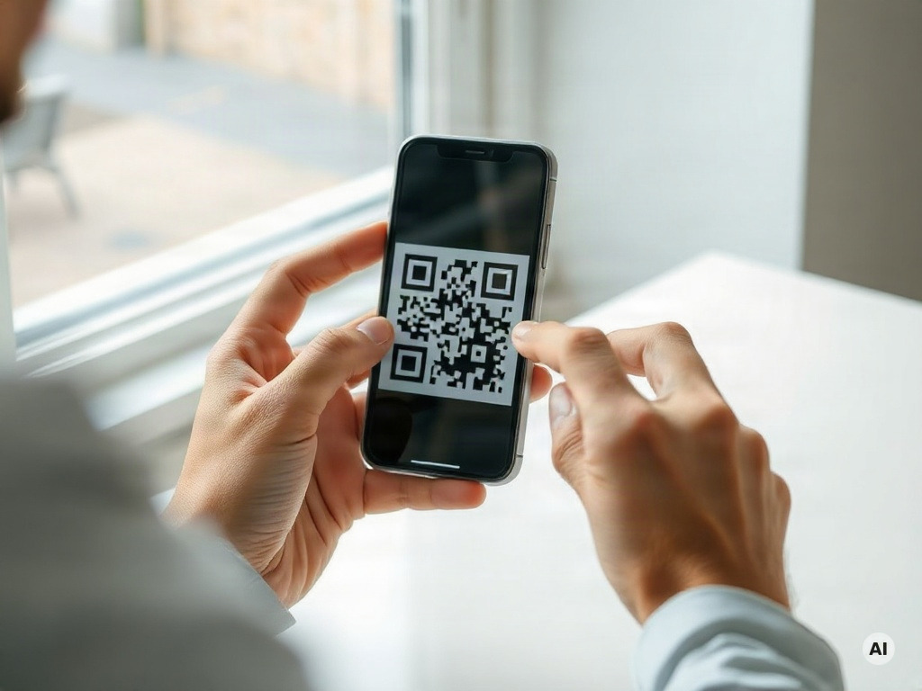 Professional photograph of a person troubleshooting a failed QR scan, adjusting smartphone distance and angle to reduce glare - AI-generated image