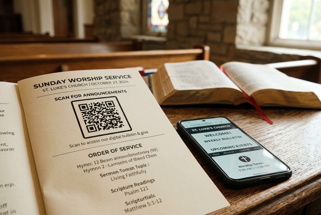 Close-up of a printed church bulletin on a wooden table, featuring a crisp black QR code, beside a smartphone displaying a we