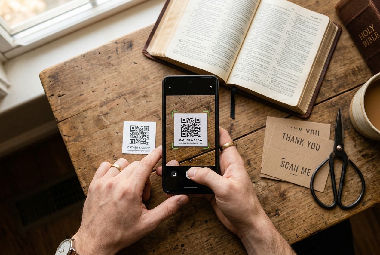 Overhead close-up of hands holding a smartphone scanning a small printed QR code card on a wooden desk, beside an open Bible