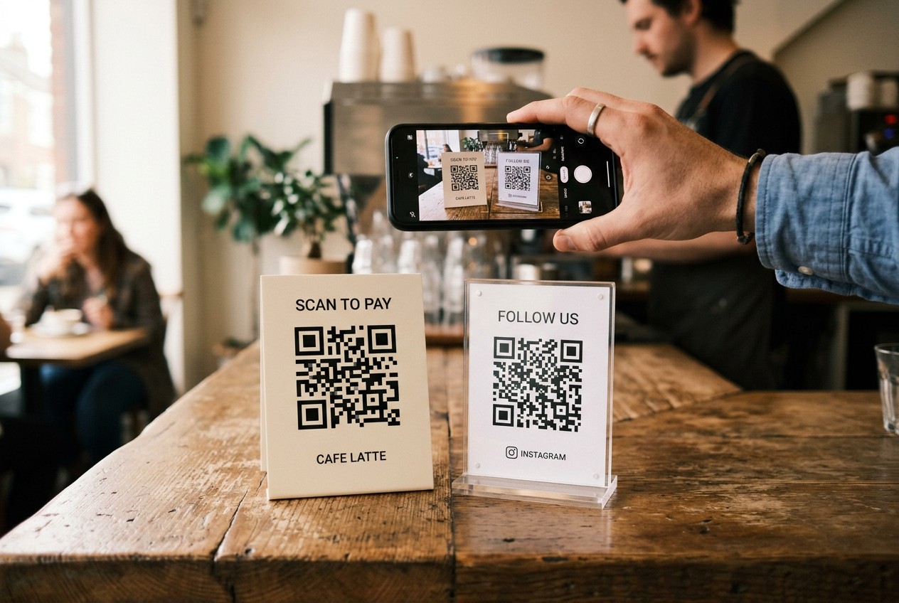 A close-up of two printed QR code stands side by side on a wooden café counter, one plain matte card and one sleeker acrylic