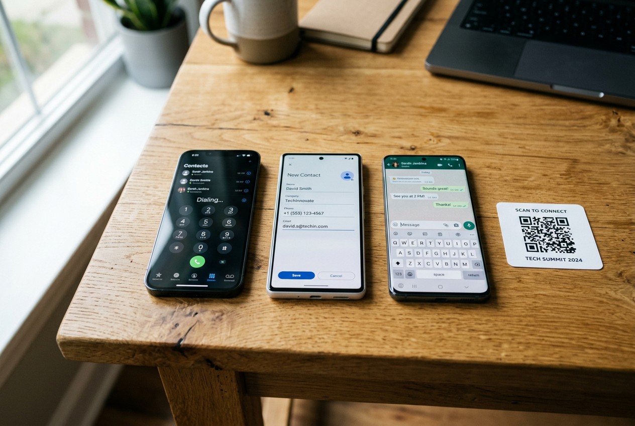 Three smartphones lying side by side on a bright wooden desk, each screen glowing with a different action — an active dialer