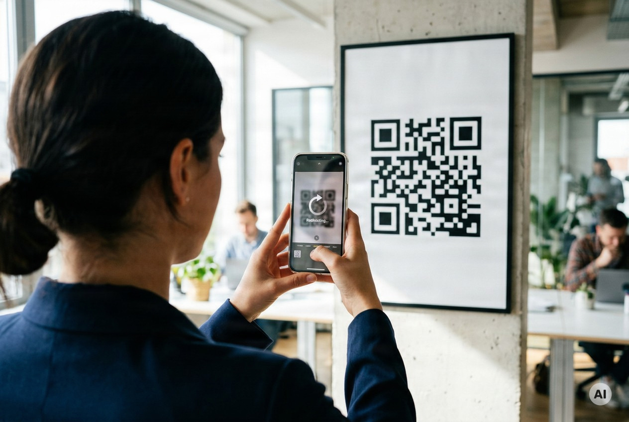 Close-up over-the-shoulder shot of a person holding a smartphone, camera app open, scanning a QR code printed on a poster - AI-generated image