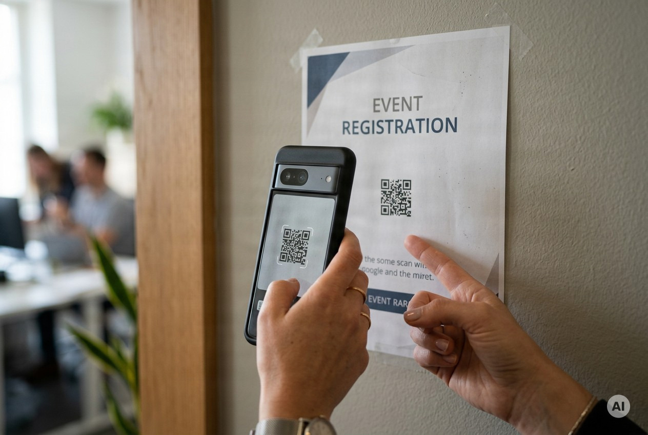 Close-up of a hand holding a smartphone, scanning a small printed QR code on a paper poster taped to a wall, camera focused o - AI-generated image