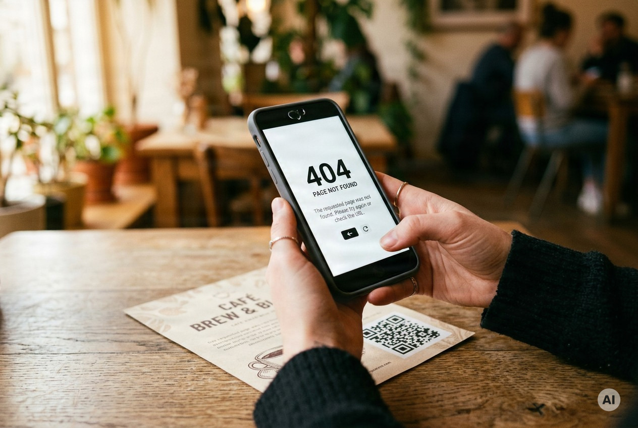 Close-up of hands holding a smartphone displaying a "page not found" error after scanning a printed QR code on a café flyer l - AI-generated image