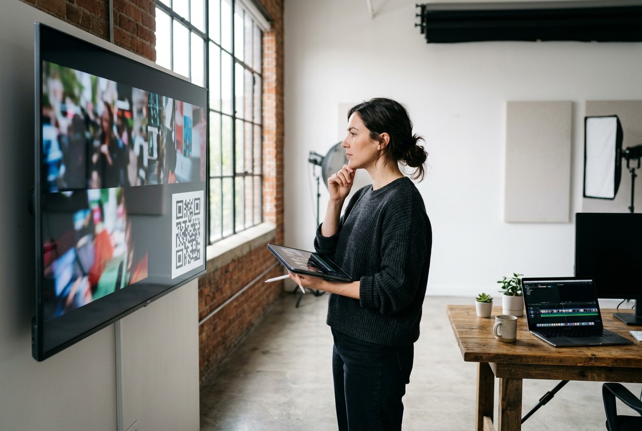 Professional photograph of a designer previewing a TV advertisement in a bright modern studio, with a large stationary black