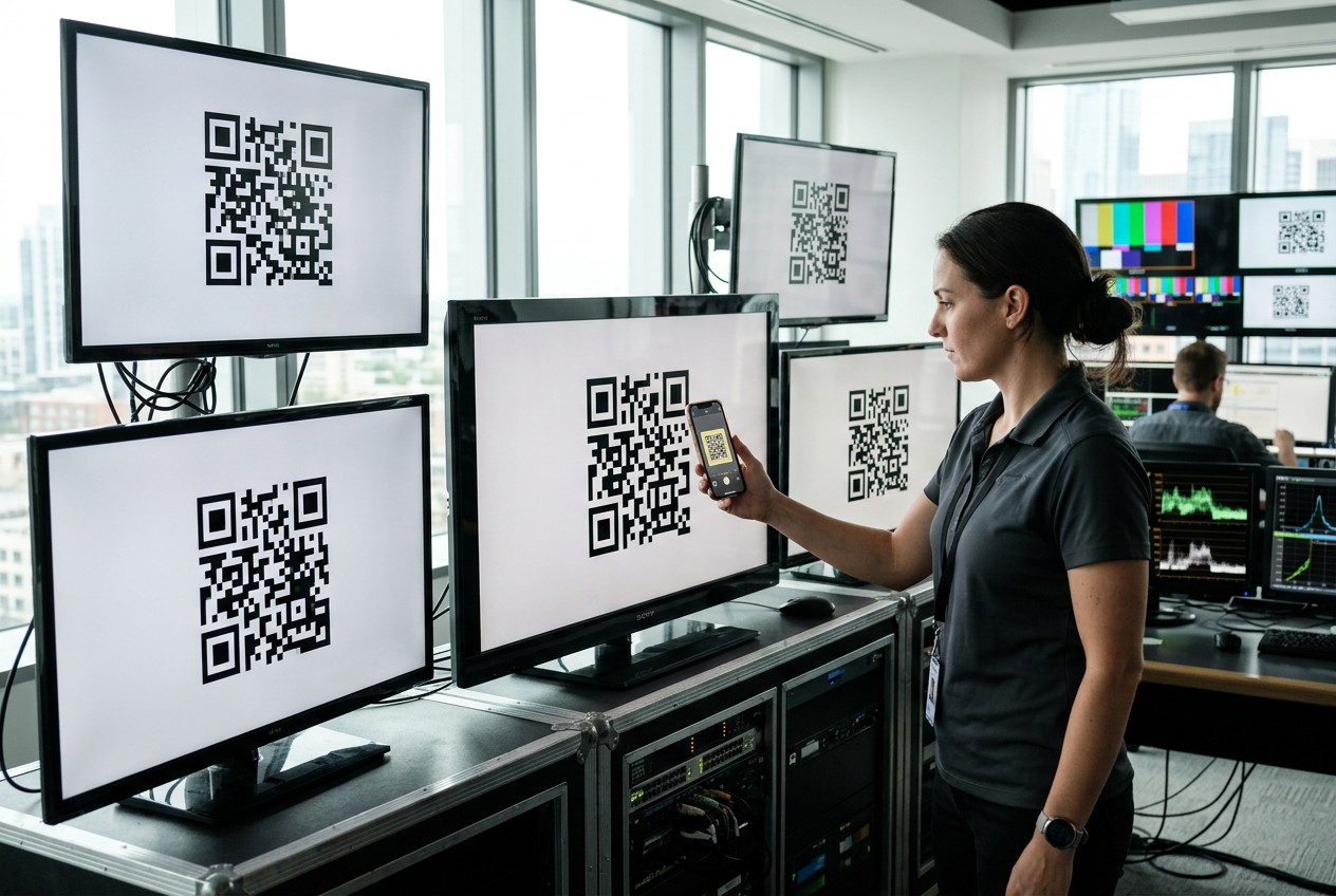 Broadcast engineer testing a crisp QR code on several real televisions, scanning it with a smartphone while checking screen g