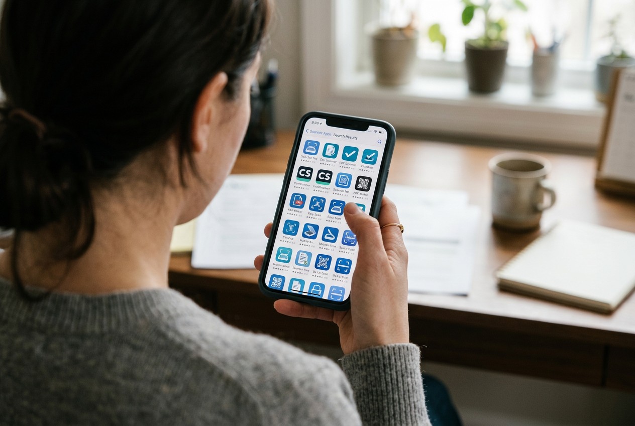 Close-up over-the-shoulder view of a smartphone screen displaying a cluttered app store grid of nearly identical scanner app