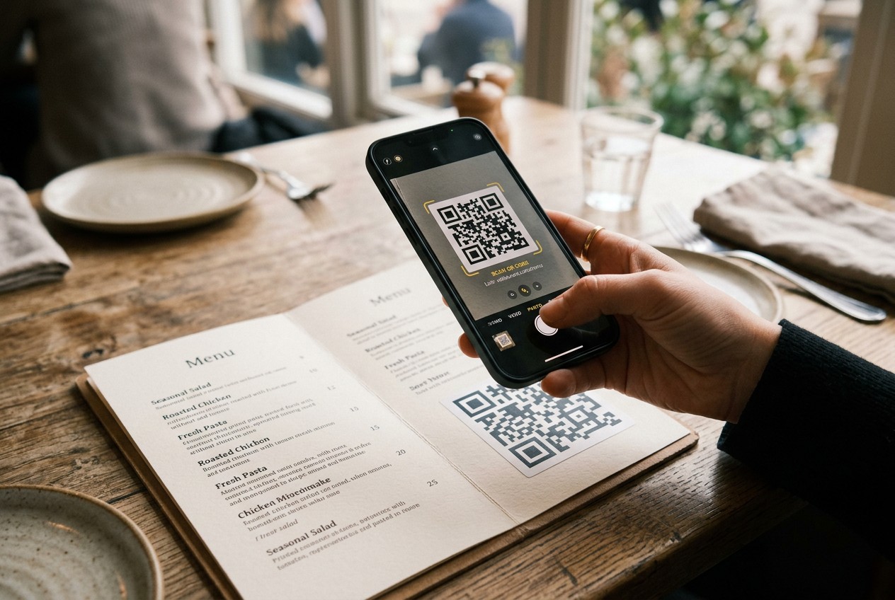 Overhead shot of a printed restaurant menu on a wooden cafe table with a large matte QR code sticker, a customer's hand holdi