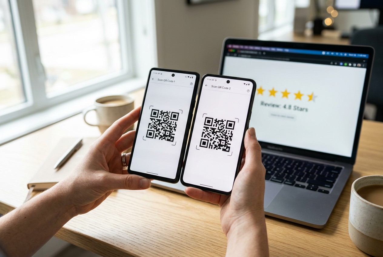 A close-up of hands holding two nearly identical smartphones side by side, each displaying a similar-looking QR code, on a br