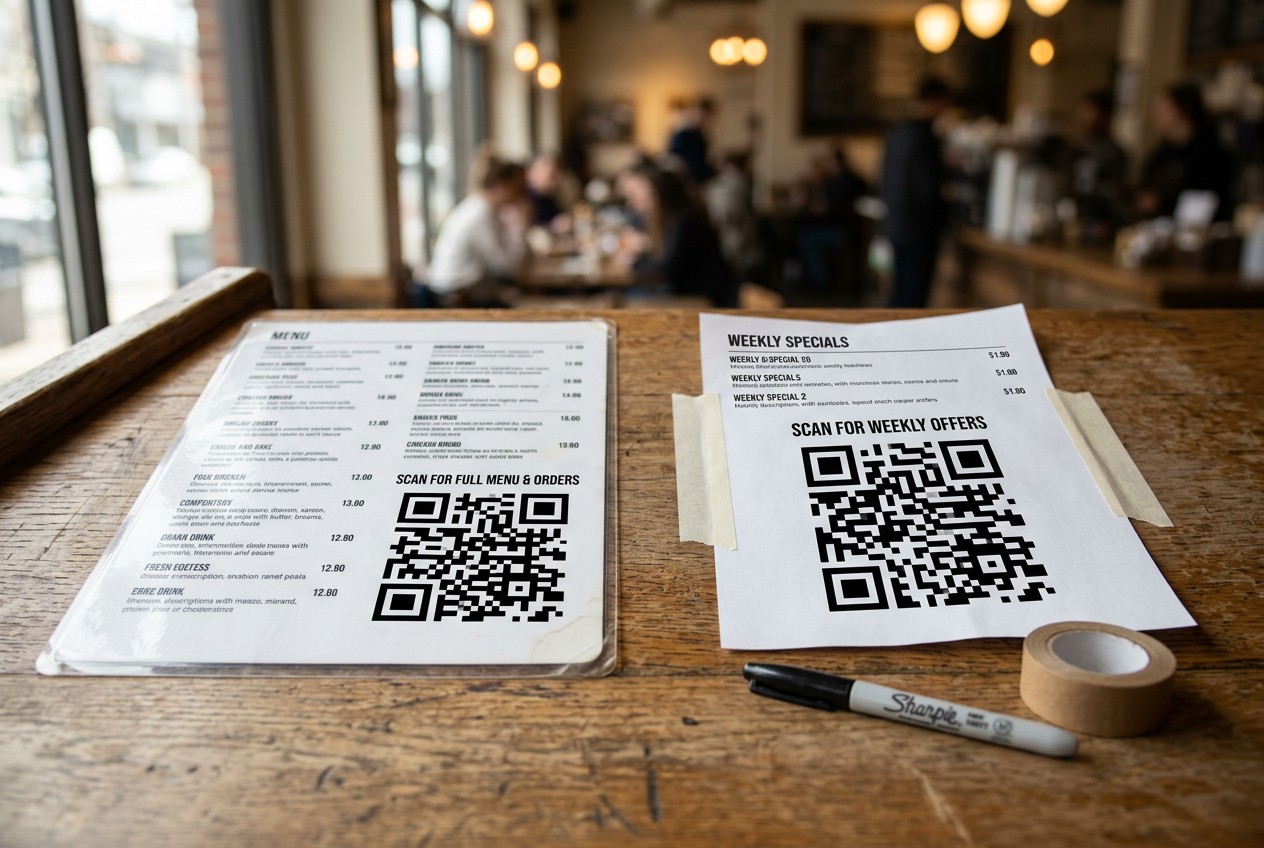 Two printed cards side by side on a wooden café counter: one a laminated permanent menu card with a QR code, the other a fres