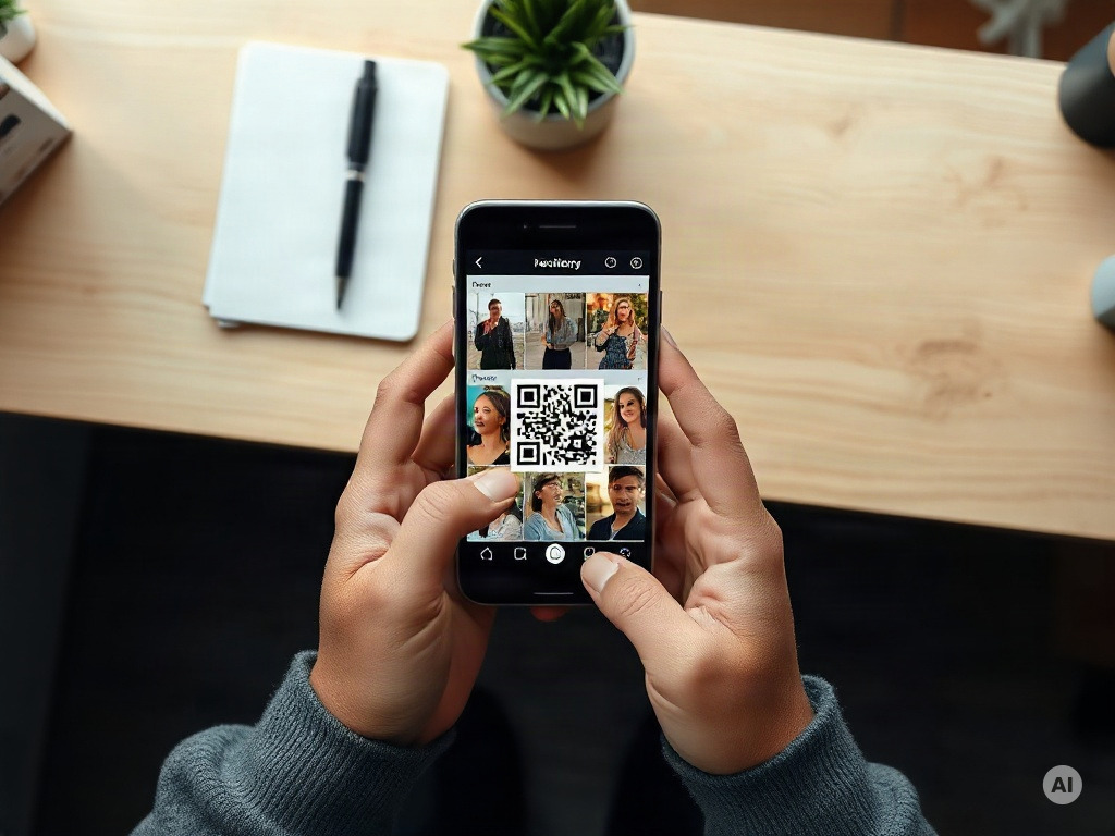 Overhead view of a person's hands holding an Android smartphone above a light wooden desk - AI-generated image