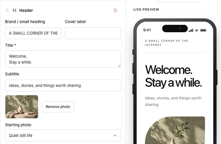 Scanely Page editor showing the starting template's editable header and photo controls alongside its mobile preview