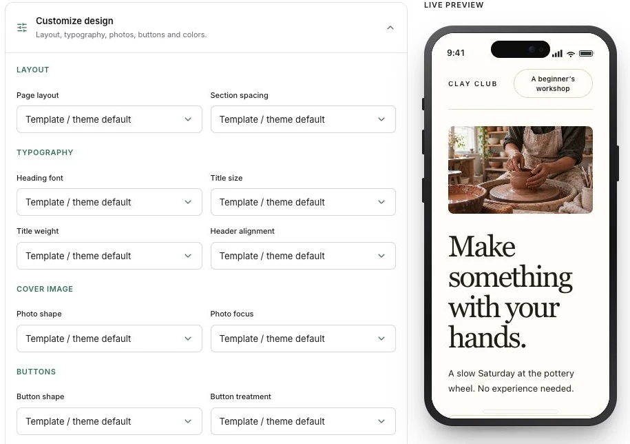 Actual Scanely Page editor showing layout, typography, photo shape and button controls beside a live mobile preview