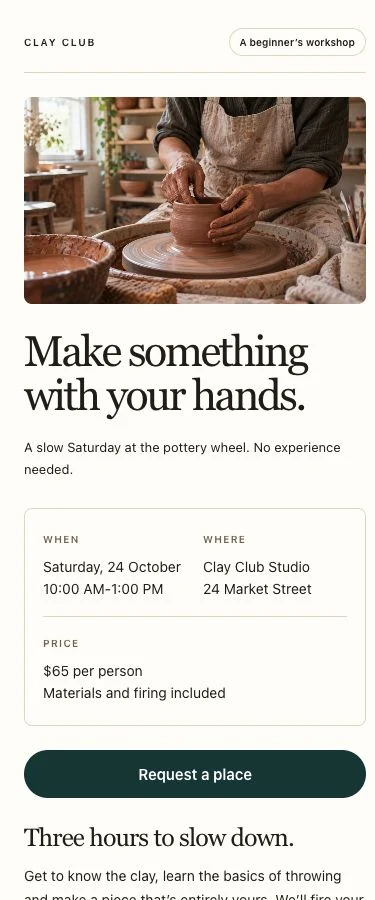 The same workshop page adapted to a mobile screen