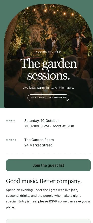 Garden sessions event page with a concert photograph, date, venue and RSVP button