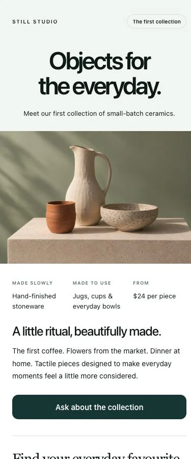 The collection product page with ceramic pieces, product details and an enquiry button