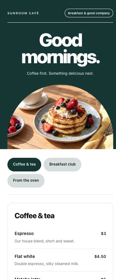 Morning café template with a breakfast photograph, coffee menu and prices