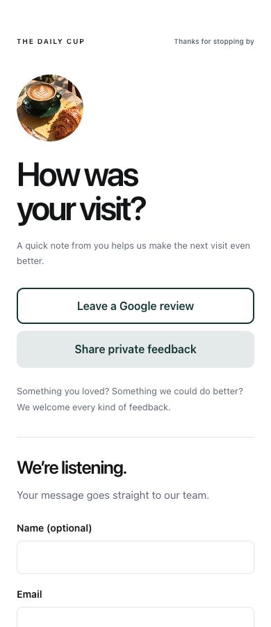 A quick thank you template with sample café content, a Google review button and private feedback