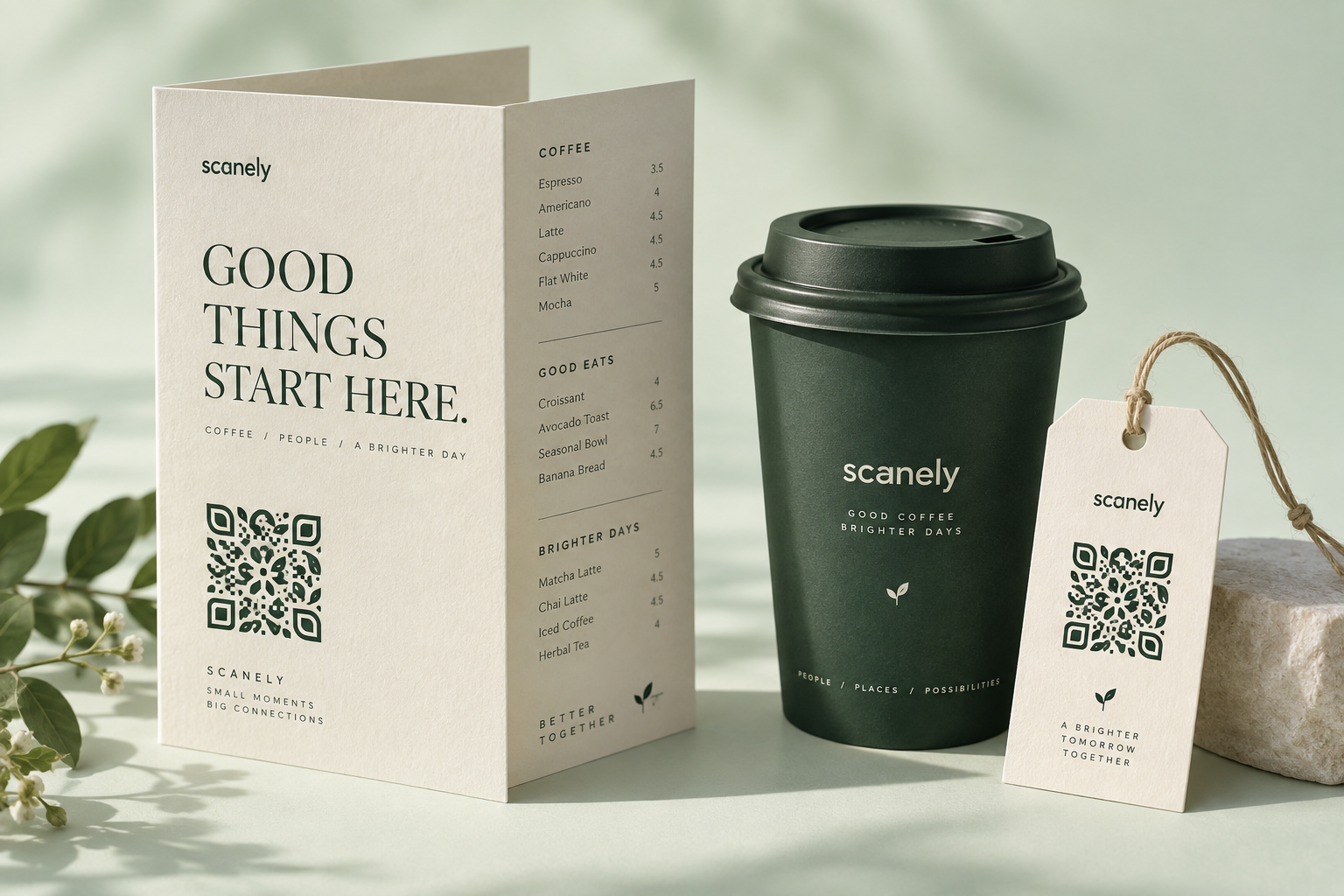 Scanely menu, coffee cup and retail tag with decorative QR motifs in forest green and cream
